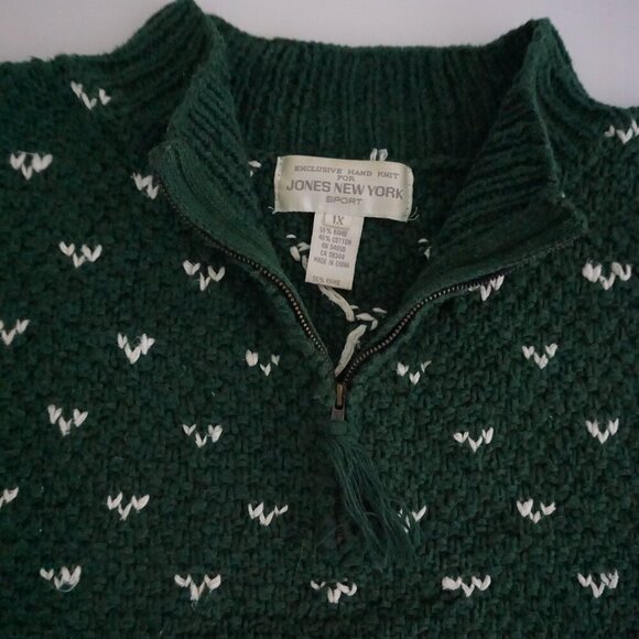 Vintage Jones New York Hand Knit Hunter Green w White Quarter Zip Sweater 1X - Picture 7 of 7